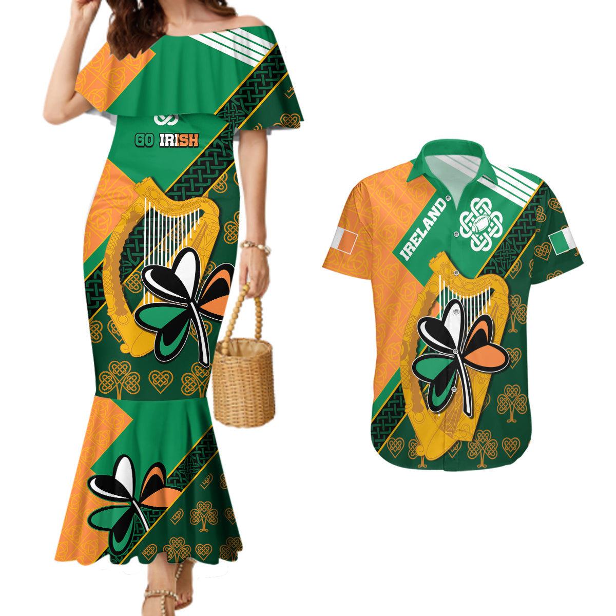 Ireland Rugby Couples Matching Mermaid Dress and Hawaiian Shirt Go Irish Shamrock World Cup LT9 - Wonder Print Shop