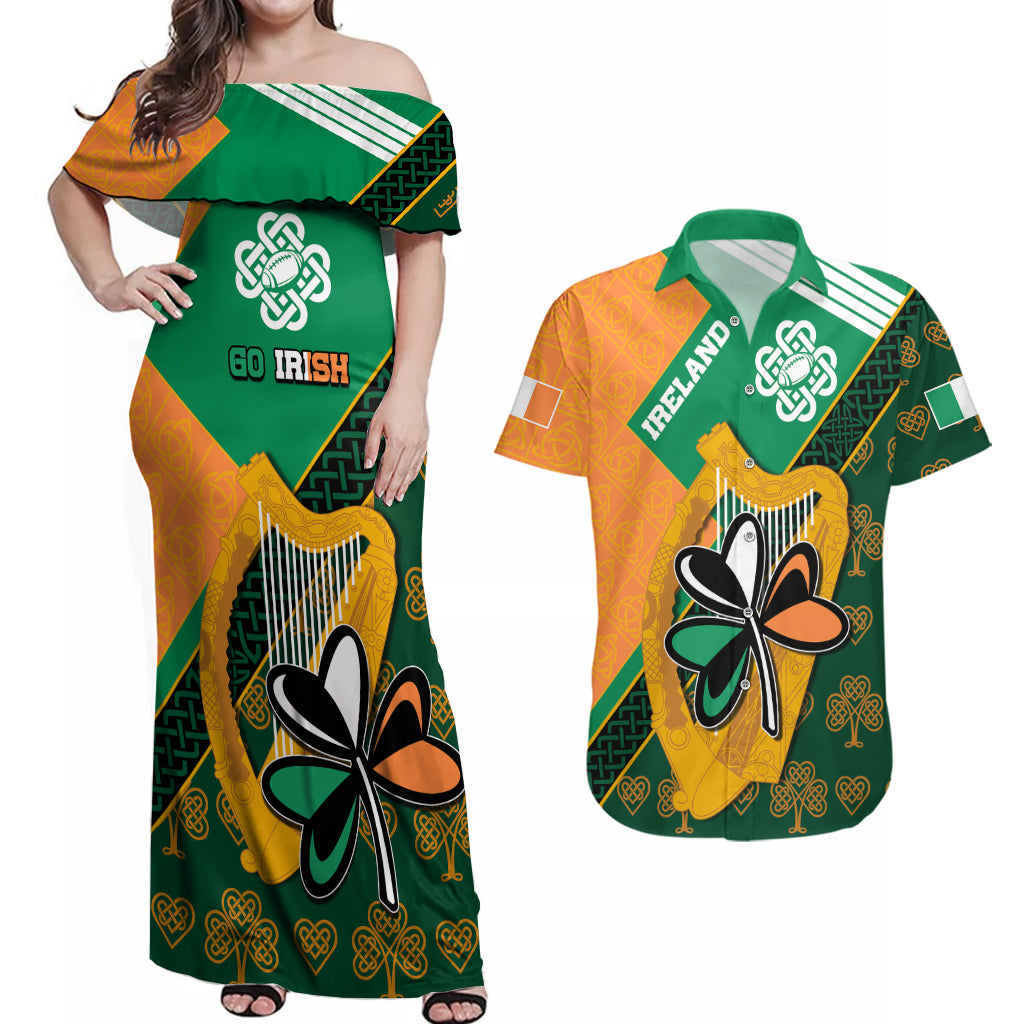 Ireland Rugby Couples Matching Off Shoulder Maxi Dress and Hawaiian Shirt Go Irish Shamrock World Cup LT9 - Wonder Print Shop