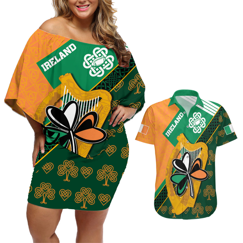 Ireland Rugby Couples Matching Off Shoulder Short Dress and Hawaiian Shirt Go Irish Shamrock World Cup LT9 - Wonder Print Shop