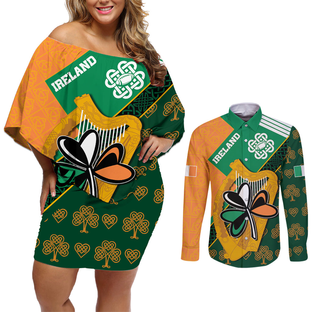 Ireland Rugby Couples Matching Off Shoulder Short Dress and Long Sleeve Button Shirts Go Irish Shamrock World Cup LT9 - Wonder Print Shop