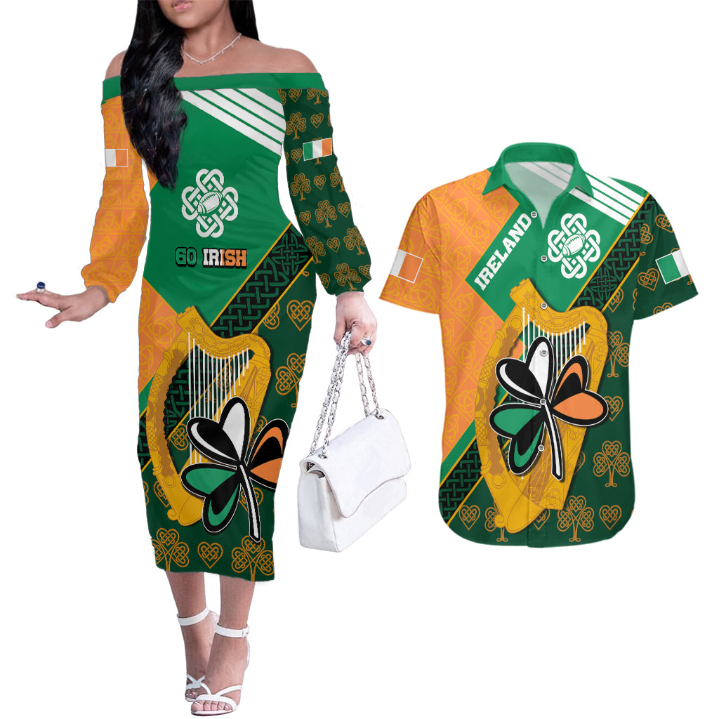 Ireland Rugby Couples Matching Off The Shoulder Long Sleeve Dress and Hawaiian Shirt Go Irish Shamrock World Cup LT9 - Wonder Print Shop