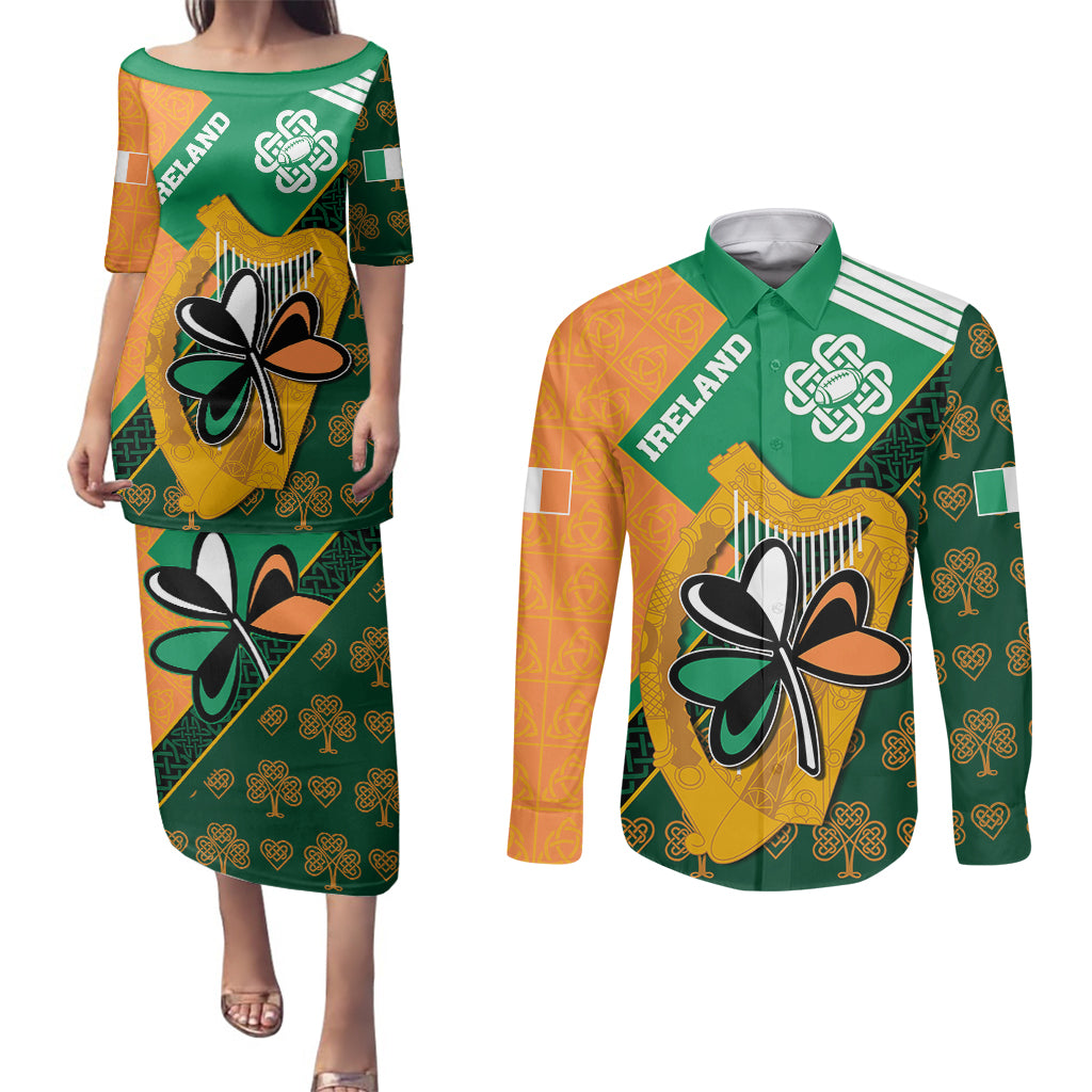 Ireland Rugby Couples Matching Puletasi Dress and Long Sleeve Button Shirts Go Irish Shamrock World Cup LT9 - Wonder Print Shop