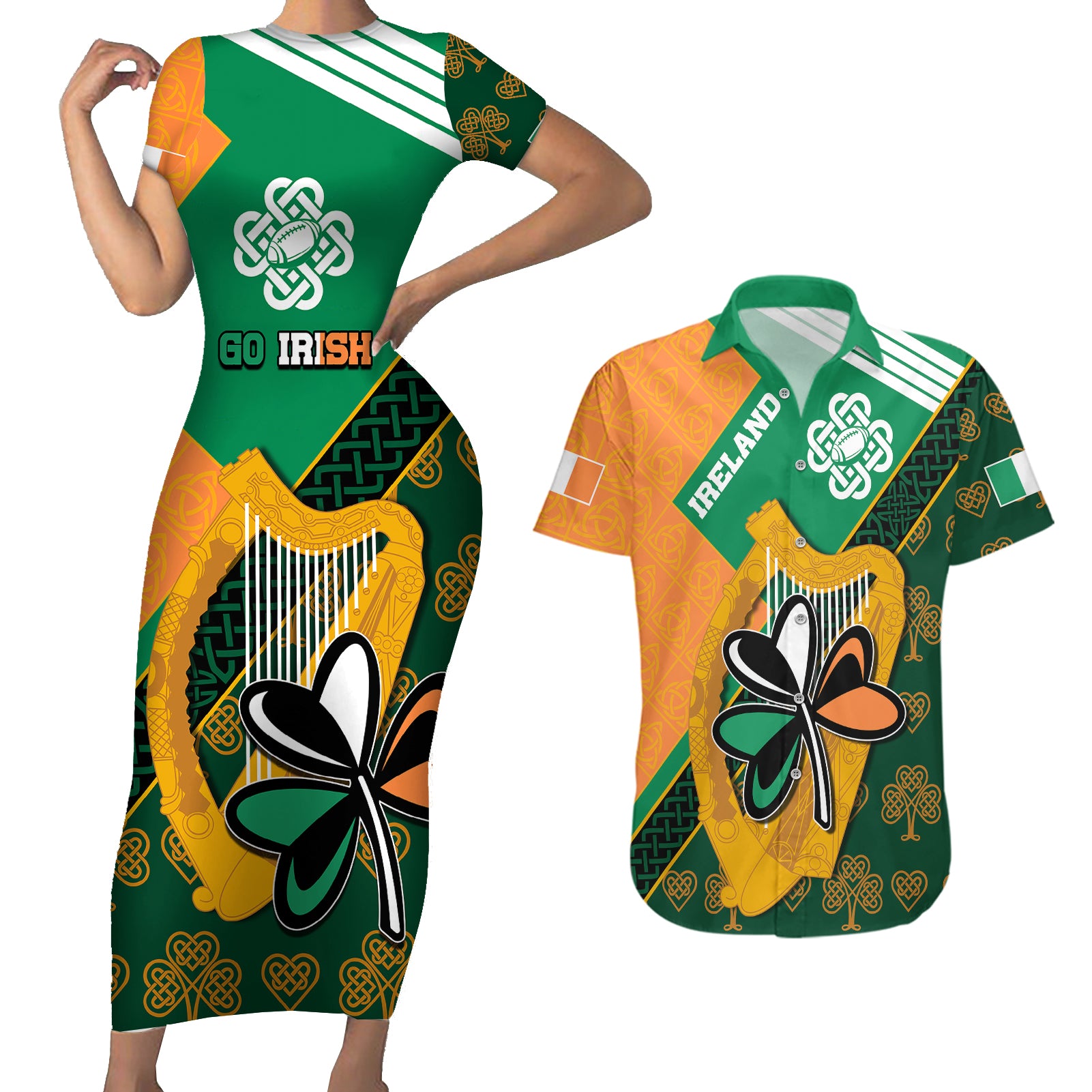 Ireland Rugby Couples Matching Short Sleeve Bodycon Dress and Hawaiian Shirt Go Irish Shamrock World Cup LT9 - Wonder Print Shop