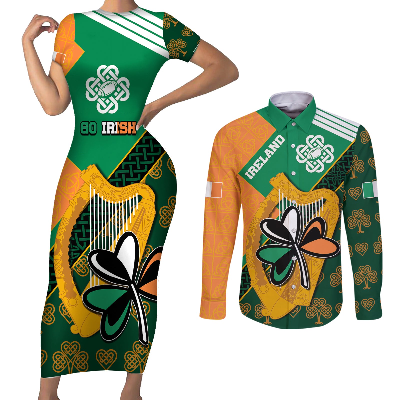 Ireland Rugby Couples Matching Short Sleeve Bodycon Dress and Long Sleeve Button Shirts Go Irish Shamrock World Cup LT9 - Wonder Print Shop