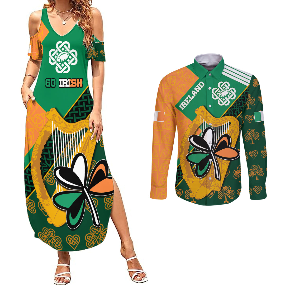 Ireland Rugby Couples Matching Summer Maxi Dress and Long Sleeve Button Shirts Go Irish Shamrock World Cup LT9 - Wonder Print Shop