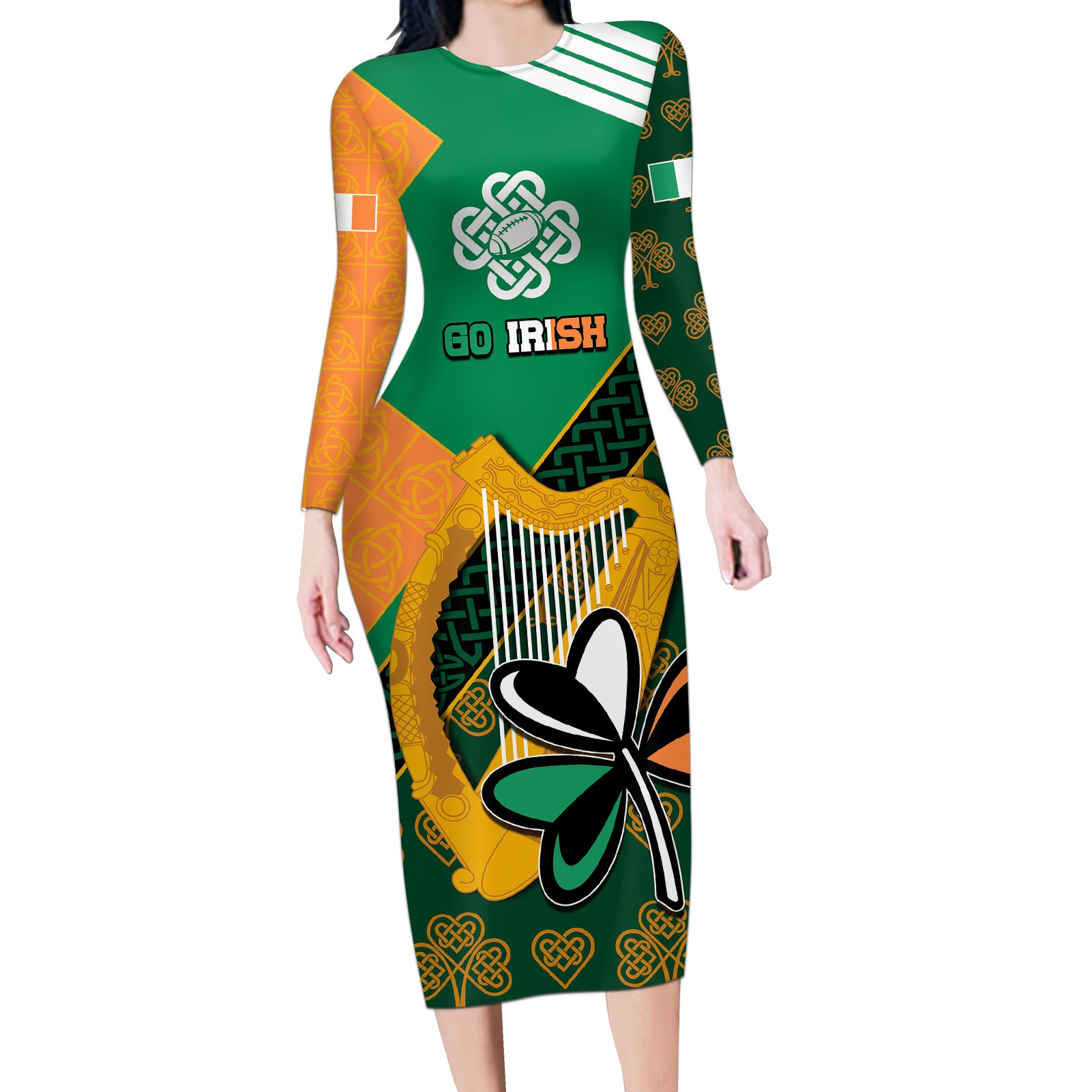 Ireland Rugby Long Sleeve Bodycon Dress Go Irish Shamrock World Cup - Wonder Print Shop