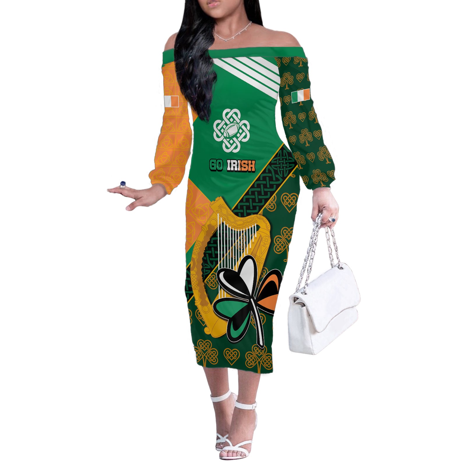 Ireland Rugby Off The Shoulder Long Sleeve Dress Go Irish Shamrock World Cup - Wonder Print Shop