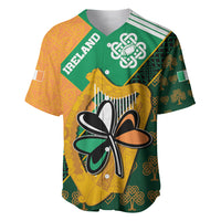 Green baseball jersey with shamrock clover graphic, gold trim, and Ireland crest patch