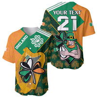 Baseball jersey showing front Ireland patch and back 'YOUR TEXT' 21 with leprechaun