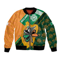 Multicolor Irish rugby-style bomber jacket with front zipper and shamrock graphics