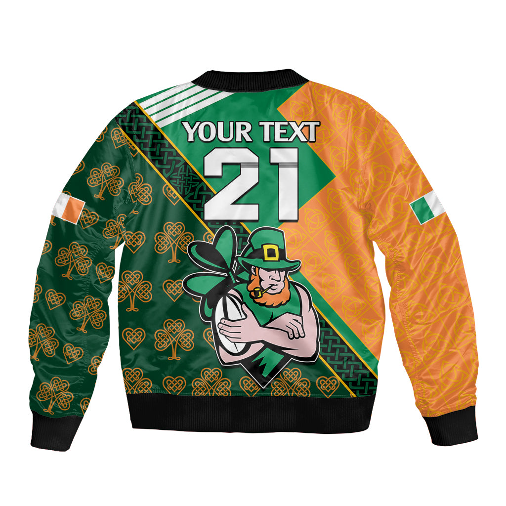Back view of multicolor bomber jacket with number 21, leprechaun, and shamrock print