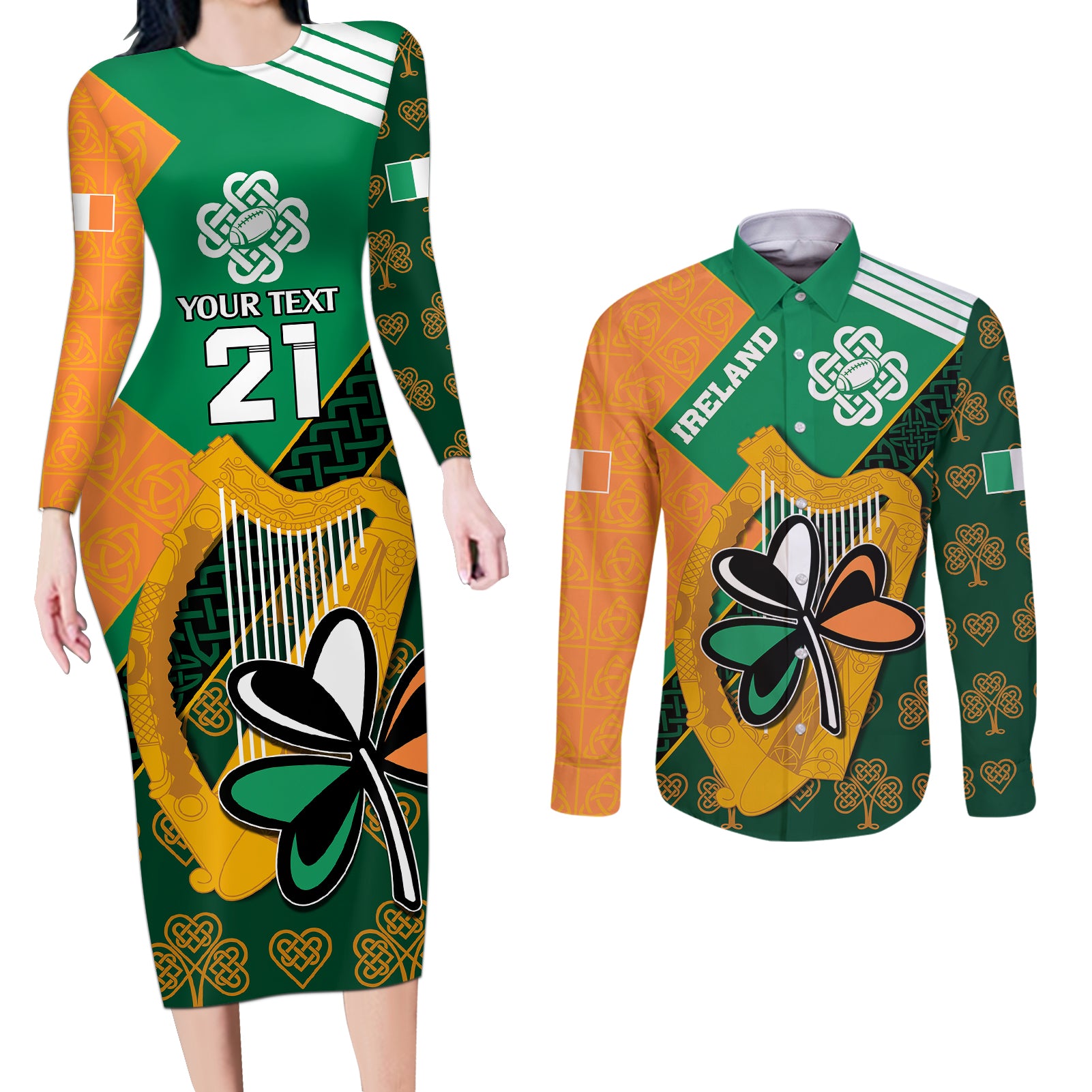 Custom Ireland Rugby Couples Matching Long Sleeve Bodycon Dress and Long Sleeve Button Shirts Go Irish Shamrock World Cup LT9 - Wonder Print Shop