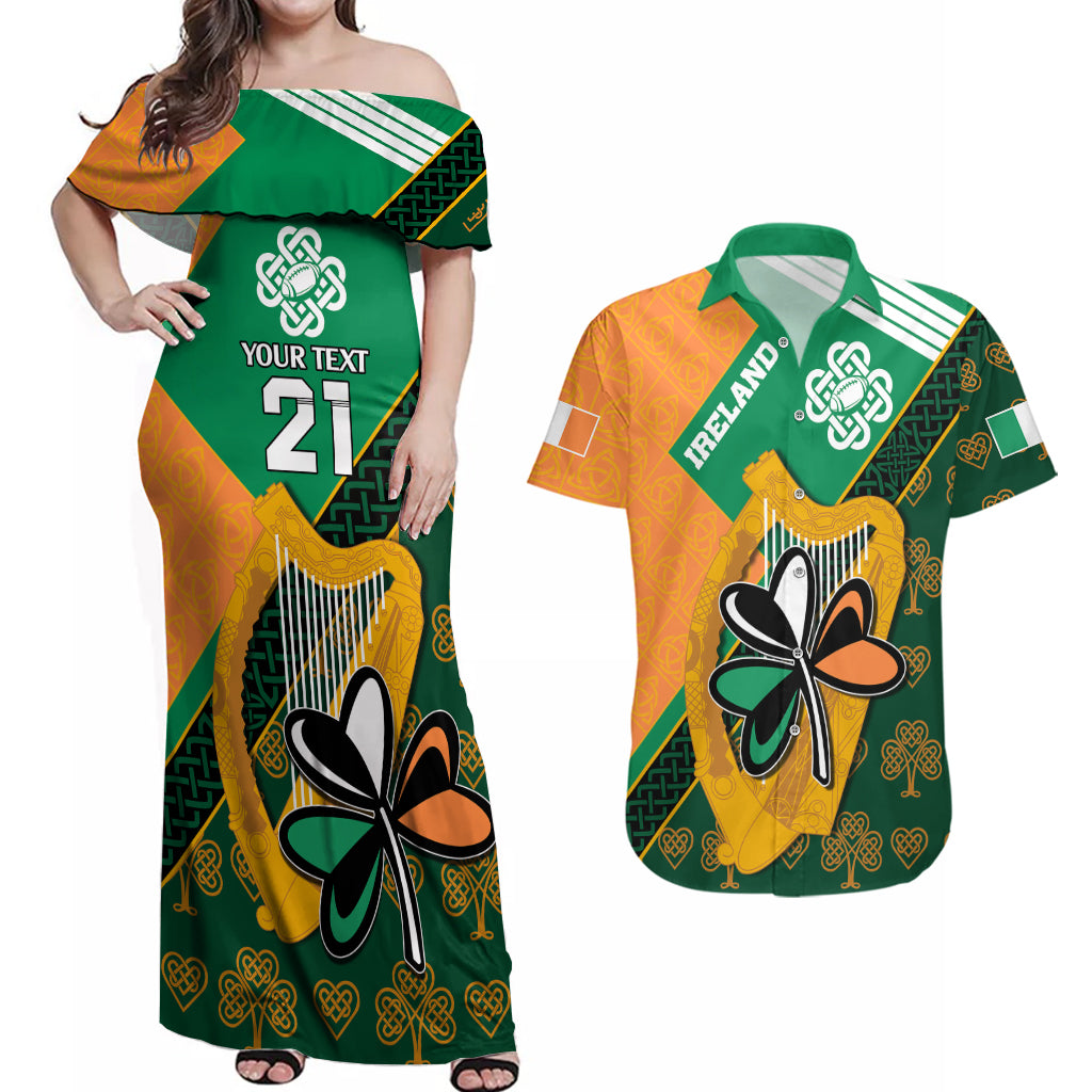 Custom Ireland Rugby Couples Matching Off Shoulder Maxi Dress and Hawaiian Shirt Go Irish Shamrock World Cup LT9 - Wonder Print Shop