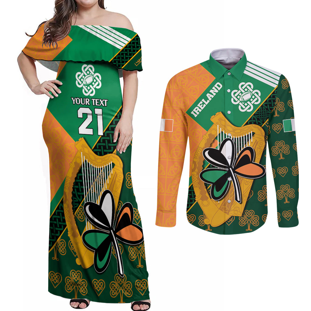 Custom Ireland Rugby Couples Matching Off Shoulder Maxi Dress and Long Sleeve Button Shirts Go Irish Shamrock World Cup LT9 - Wonder Print Shop