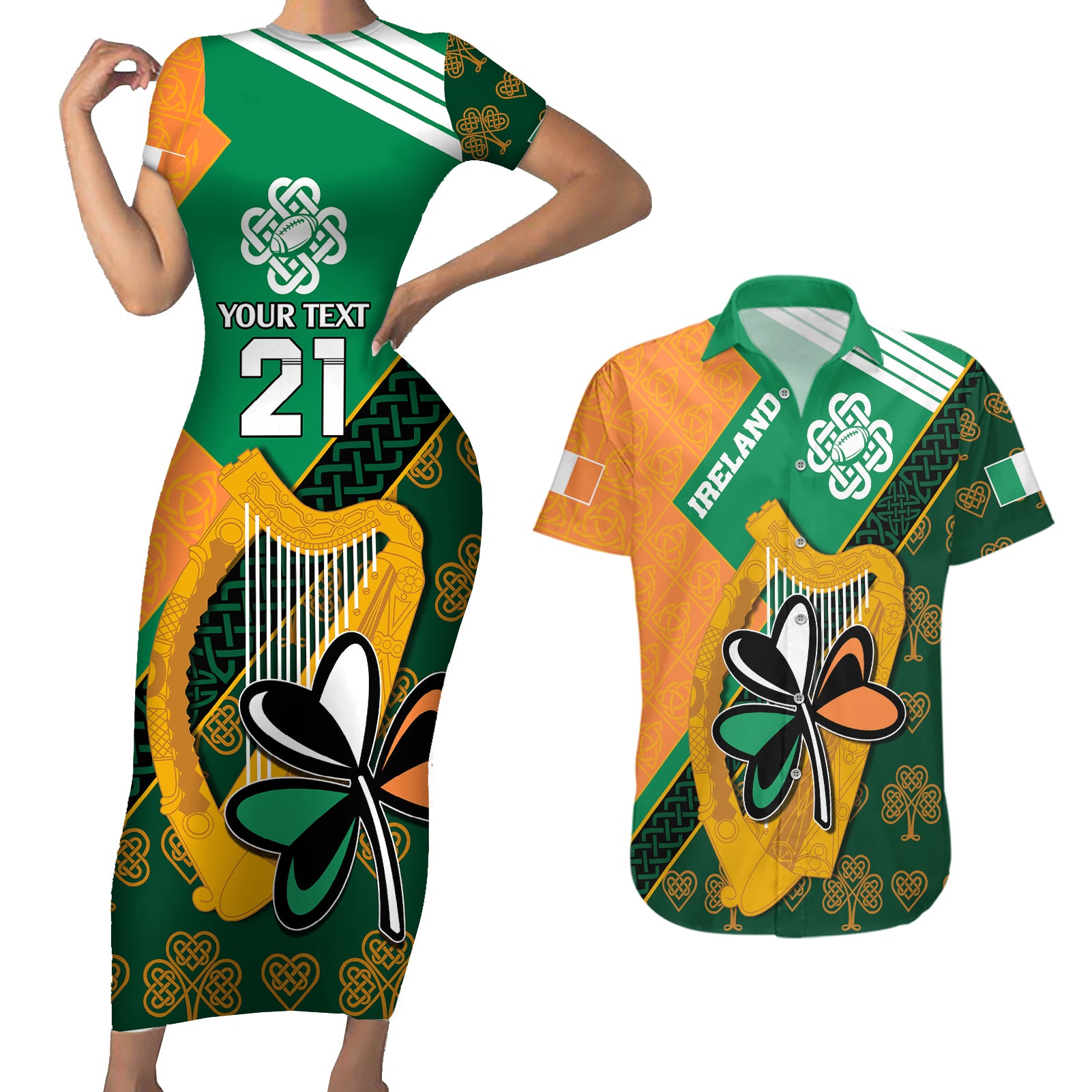 Custom Ireland Rugby Couples Matching Short Sleeve Bodycon Dress and Hawaiian Shirt Go Irish Shamrock World Cup LT9 - Wonder Print Shop