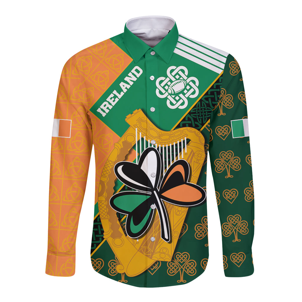 Green and orange long-sleeve button rugby shirt with large shamrock graphic on front