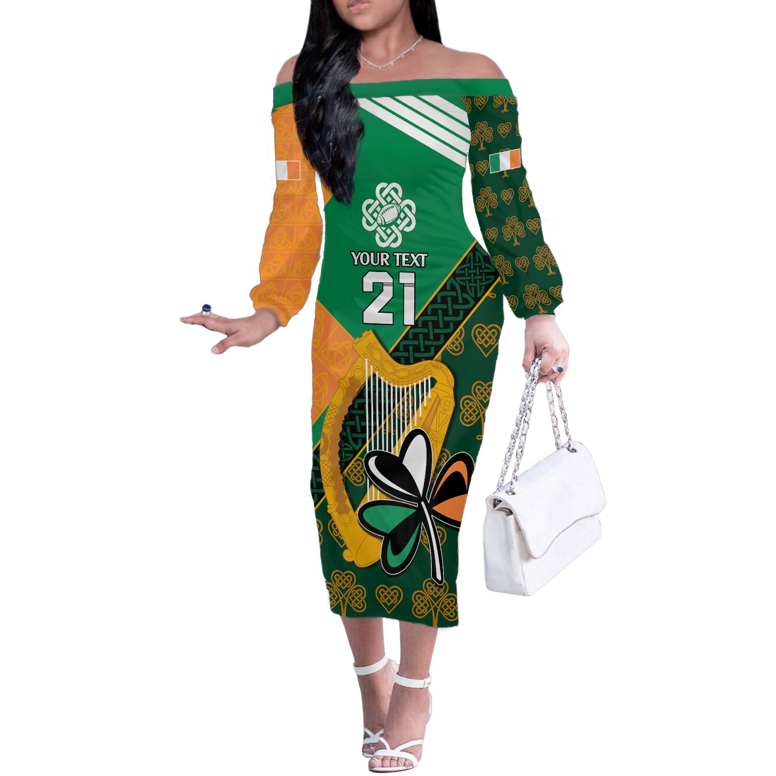 Custom Ireland Rugby Off The Shoulder Long Sleeve Dress Go Irish Shamrock World Cup - Wonder Print Shop