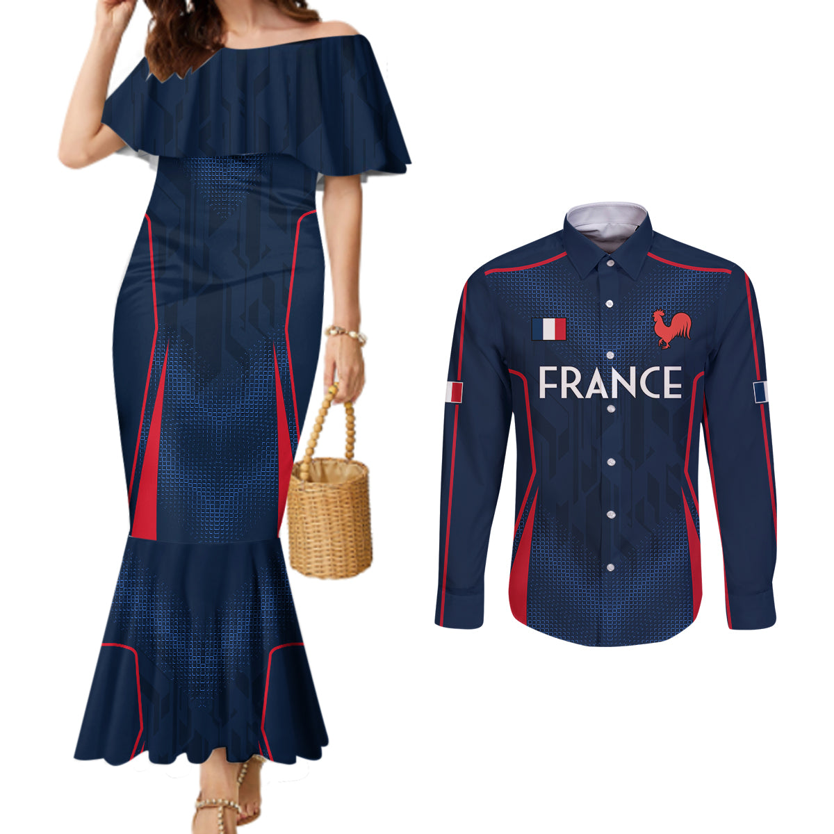 france-rugby-couples-matching-mermaid-dress-and-long-sleeve-button-shirts-allez-les-bleus-go-world-cup-2023