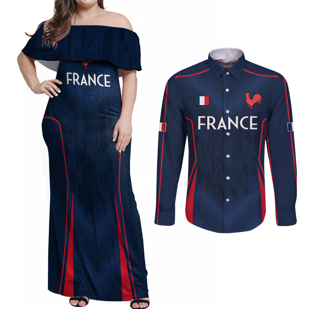 France Rugby Couples Matching Off Shoulder Maxi Dress and Long Sleeve Button Shirts Allez Les Bleus Go World Cup 2023 LT9 - Wonder Print Shop