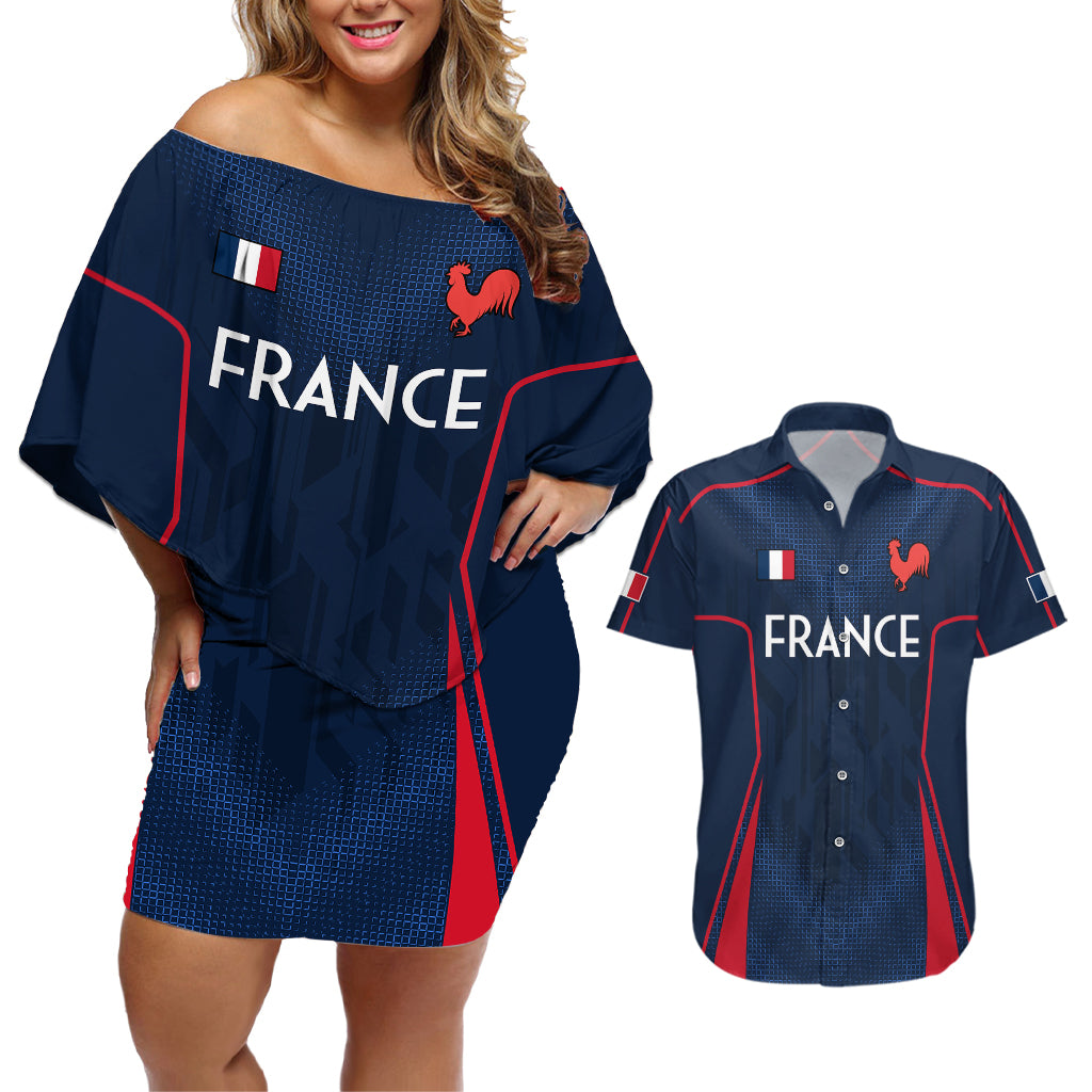 France Rugby Couples Matching Off Shoulder Short Dress and Hawaiian Shirt Allez Les Bleus Go World Cup 2023 LT9 - Wonder Print Shop