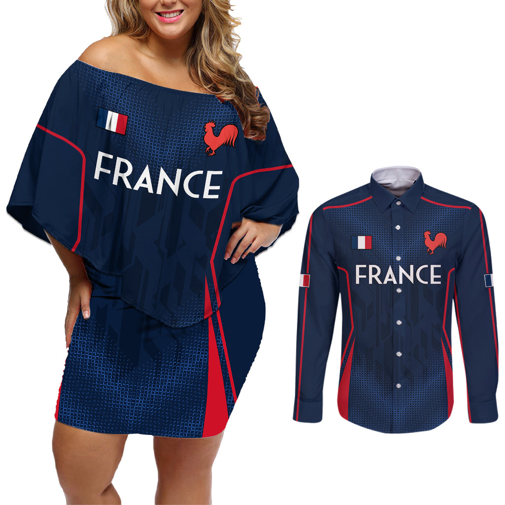 France Rugby Couples Matching Off Shoulder Short Dress and Long Sleeve Button Shirts Allez Les Bleus Go World Cup 2023 LT9 - Wonder Print Shop