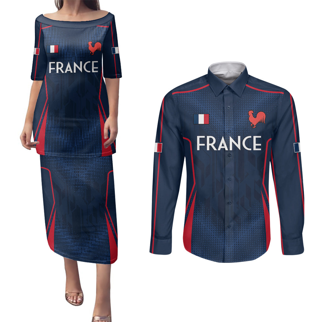 France Rugby Couples Matching Puletasi Dress and Long Sleeve Button Shirts Allez Les Bleus Go World Cup 2023 LT9 - Wonder Print Shop