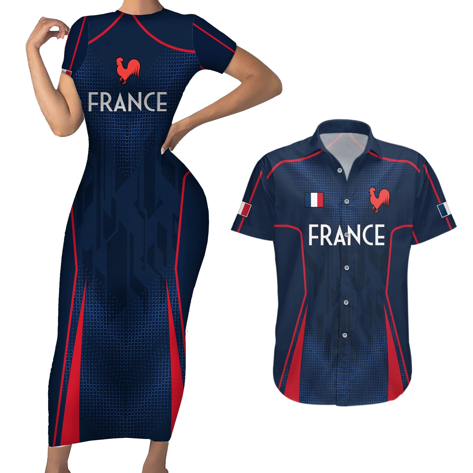 France Rugby Couples Matching Short Sleeve Bodycon Dress and Hawaiian Shirt Allez Les Bleus Go World Cup 2023 LT9 - Wonder Print Shop