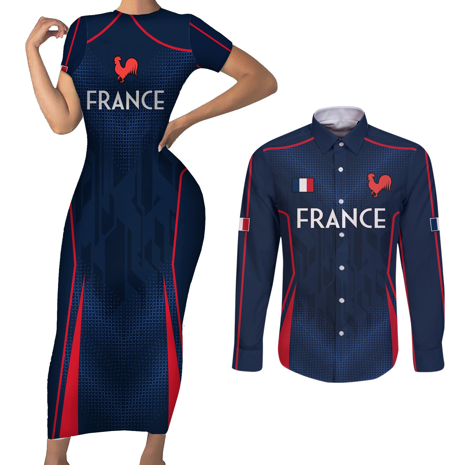 France Rugby Couples Matching Short Sleeve Bodycon Dress and Long Sleeve Button Shirts Allez Les Bleus Go World Cup 2023 LT9 - Wonder Print Shop