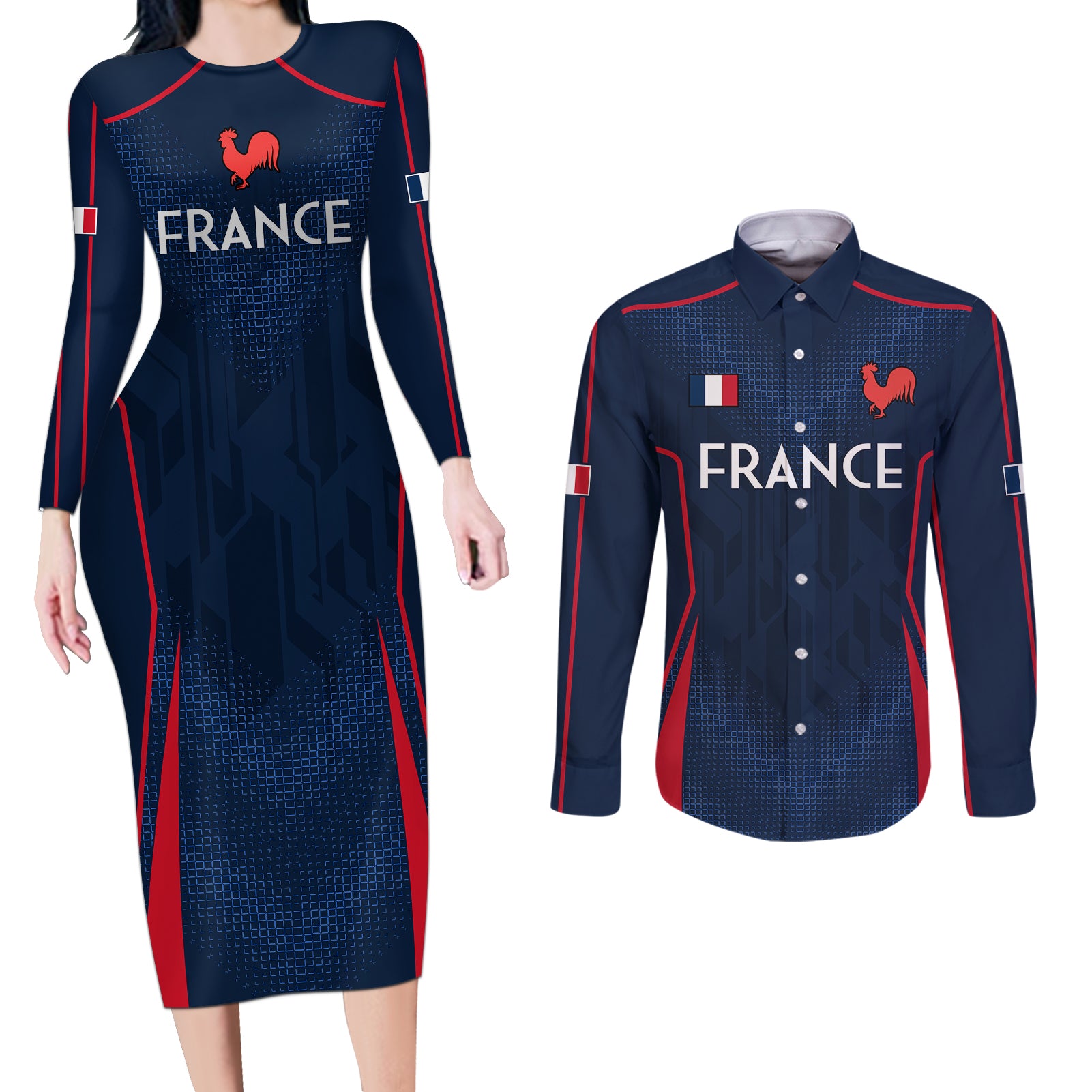 Custom France Rugby Couples Matching Long Sleeve Bodycon Dress and Long Sleeve Button Shirts Allez Les Bleus Go World Cup 2023 LT9 - Wonder Print Shop