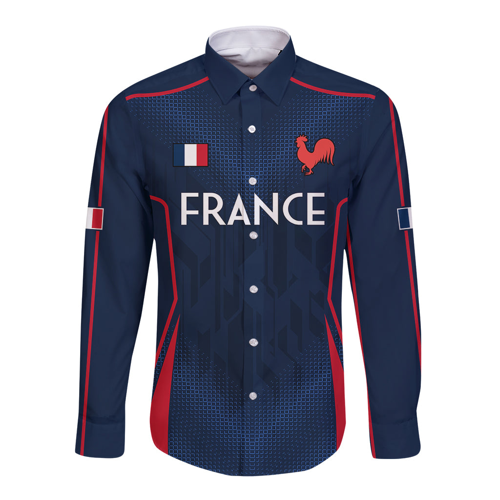 Blue France rugby button-up long sleeve shirt with rooster emblem and flag patch