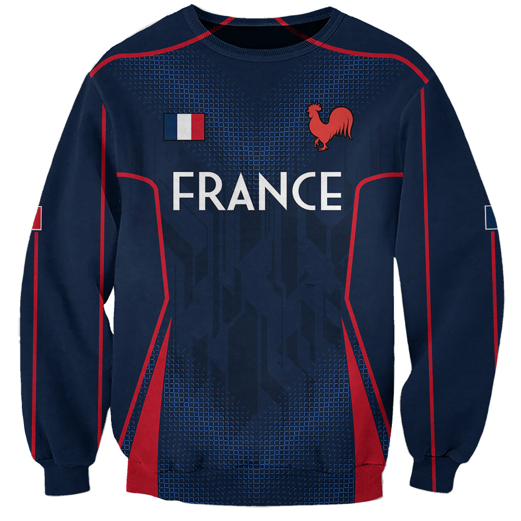 Navy blue rugby sweatshirt with red piping, France text, flag patch, and rooster emblem