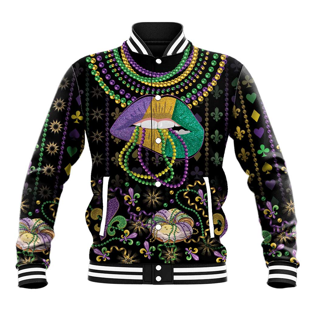 Black baseball jacket with colorful Mardi Gras bead and lips graphic, striped cuffs