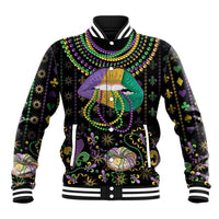 Black baseball jacket with colorful Mardi Gras bead and lips graphic, striped cuffs