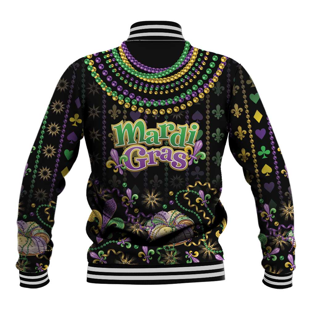 Black baseball jacket with 'Mardi Gras' front print, bead embellishment, ribbed striped cuffs