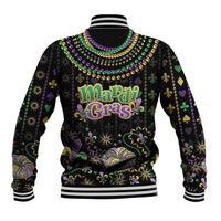 Black baseball jacket with 'Mardi Gras' front print, bead embellishment, ribbed striped cuffs