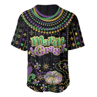 Black baseball jersey with Mardi Gras lettering, fleur-de-lis pattern, and beaded trim