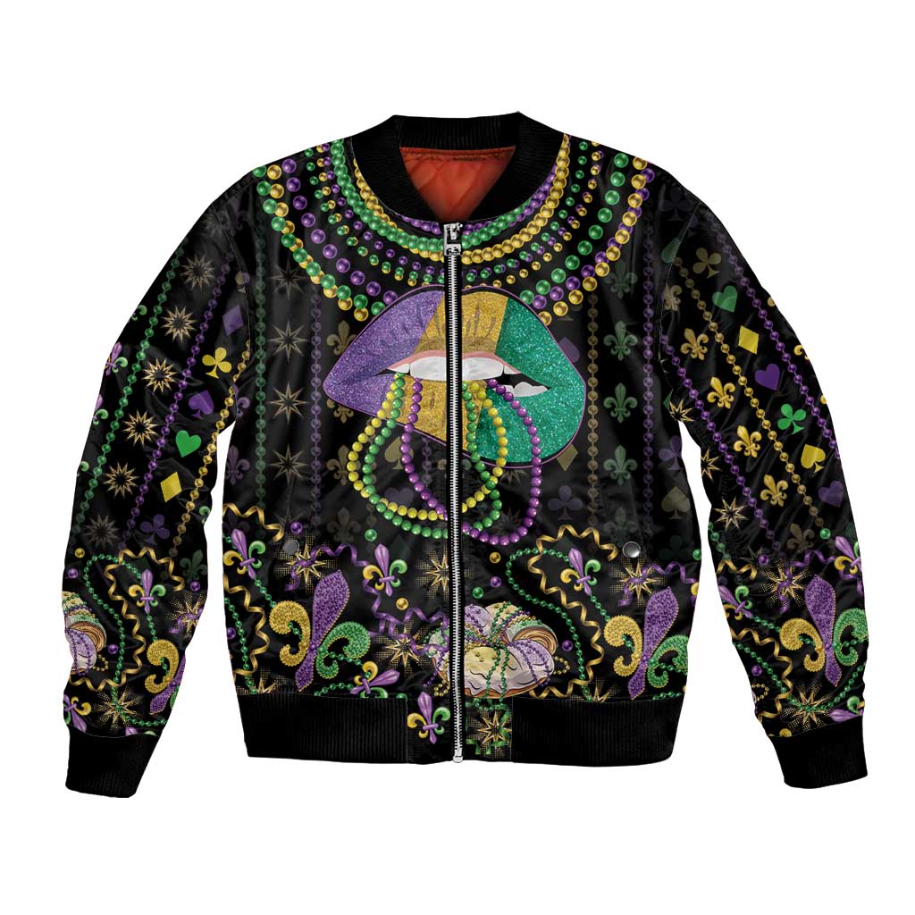 Black unisex bomber jacket with Mardi Gras lips, beads, and fleur-de-lis graphics