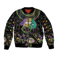 Black unisex bomber jacket with Mardi Gras lips, beads, and fleur-de-lis graphics