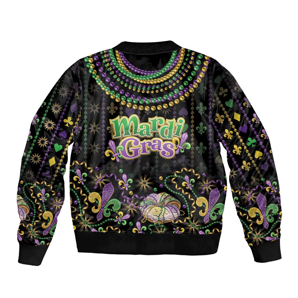 Black unisex bomber jacket with 'Mardi Gras' text and colorful bead-and-lilies graphics
