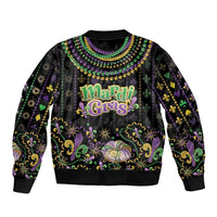 Black unisex bomber jacket with 'Mardi Gras' text and colorful bead-and-lilies graphics