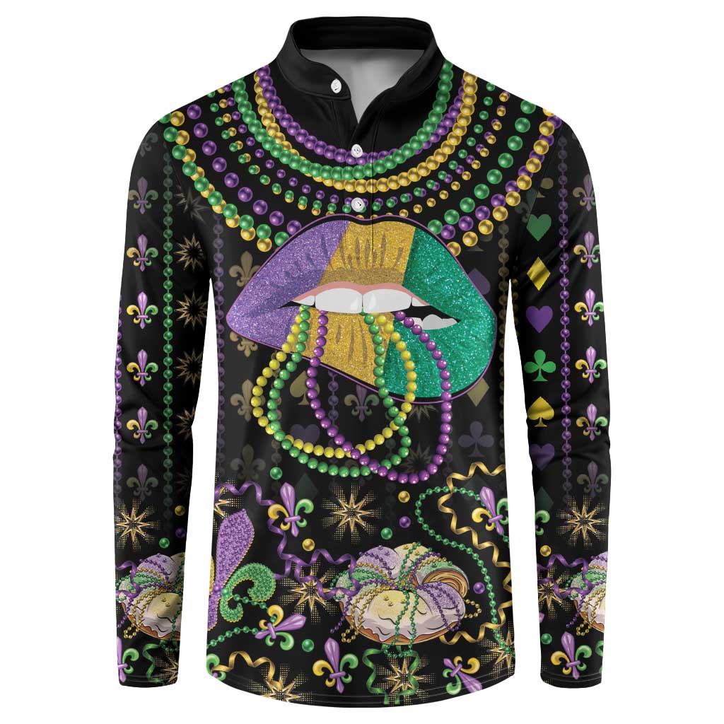 Black button-front sweatshirt with Mardi Gras lips and bead necklace graphic, long sleeves