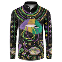 Black button-front sweatshirt with Mardi Gras lips and bead necklace graphic, long sleeves