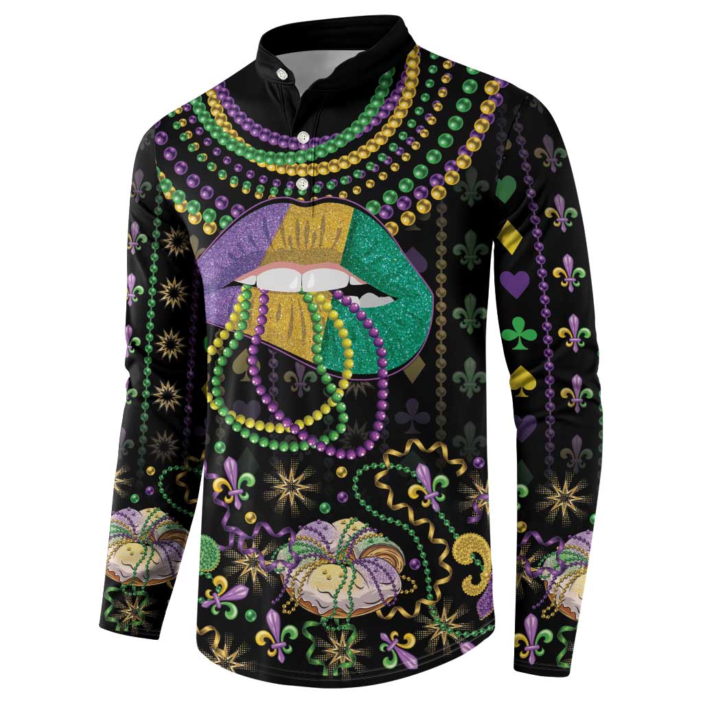 Black button-front sweatshirt with Mardi Gras lips, jeweled bead collar, and colorful pattern
