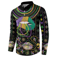 Black button-front sweatshirt with Mardi Gras lips, jeweled bead collar, and colorful pattern