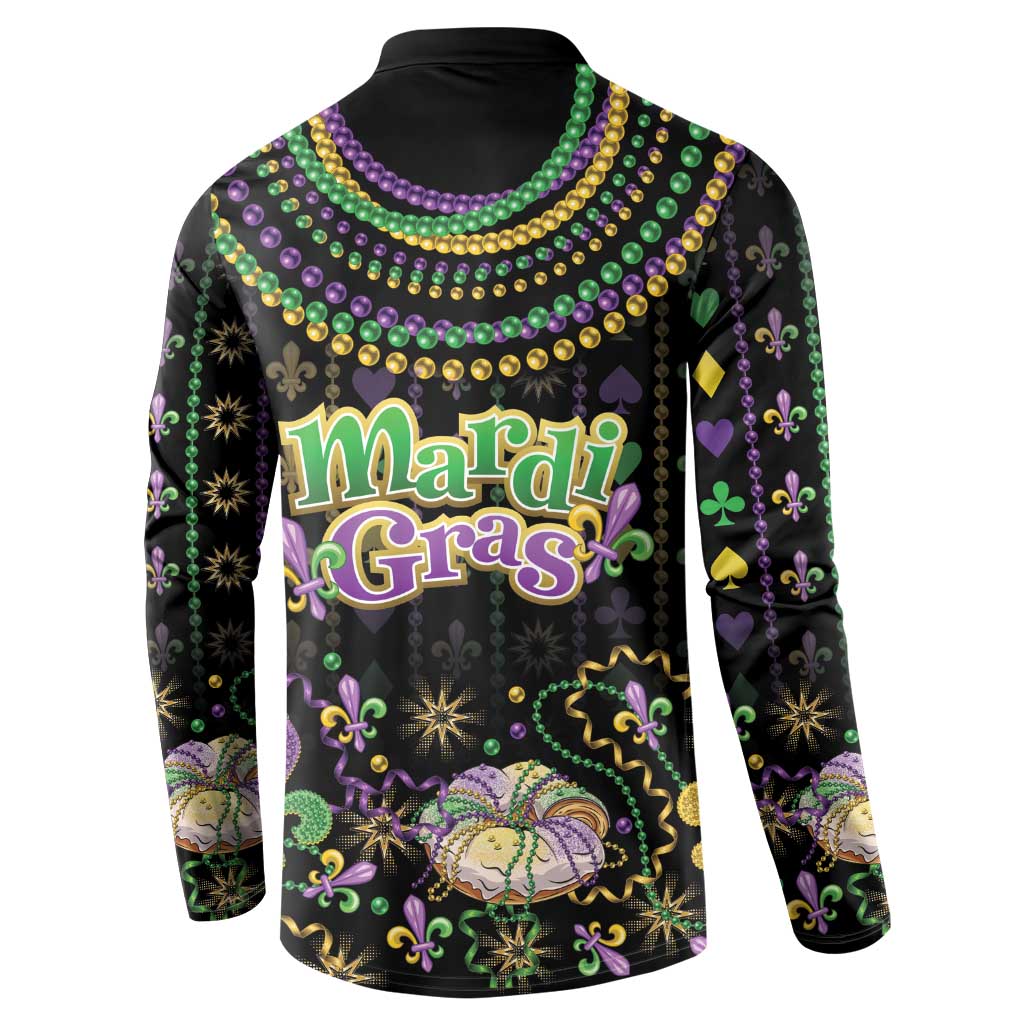 Black button-front sweatshirt back with Mardi Gras text, beads, fleur-de-lis and stars