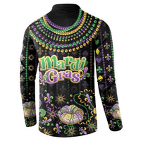 Black button-front sweatshirt back with Mardi Gras text, beads, fleur-de-lis and stars