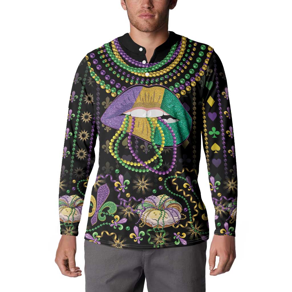 Black button-front sweatshirt with Mardi Gras lips graphic and jeweled bead collar, long sleeves