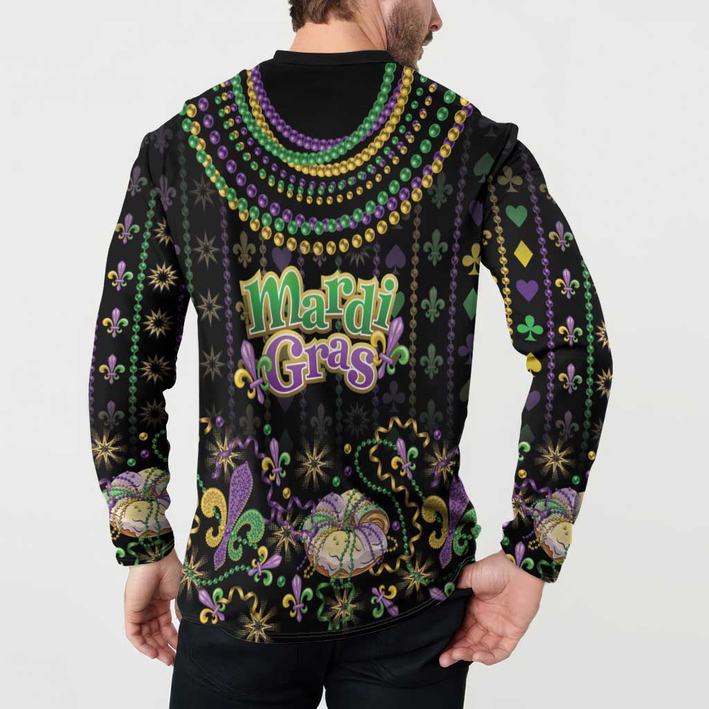 Black button-front sweatshirt back with Mardi Gras logo text and decorative fleur-de-lis motifs