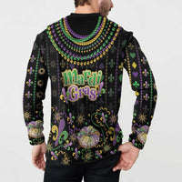 Black button-front sweatshirt back with Mardi Gras logo text and decorative fleur-de-lis motifs