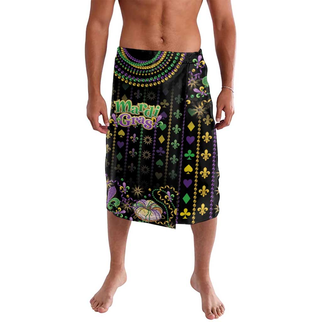 Black lavalava skirt with Mardi Gras beads and fleur-de-lis print